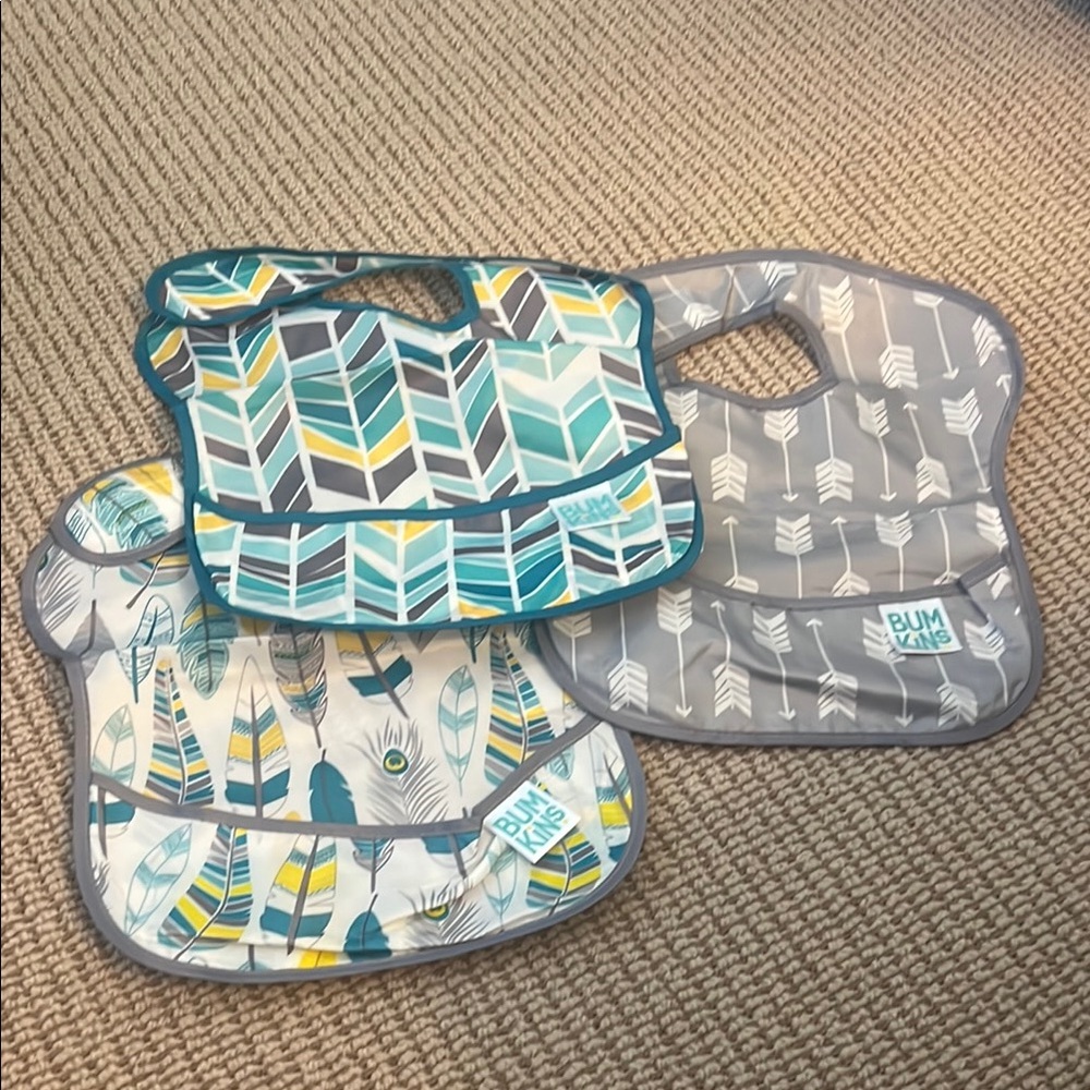 Bumkins Blue and Gray Waterproof Bibs with Snap Closures